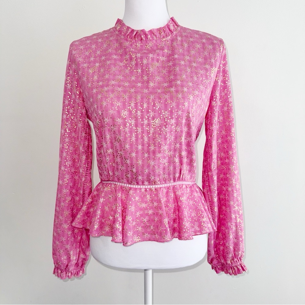 STINE GOYA PINK GOLD STAR PRINT SHIRLEY BACK SLIT OPENING RUFFLE PEPLUM TOP - Picture 10 of 13